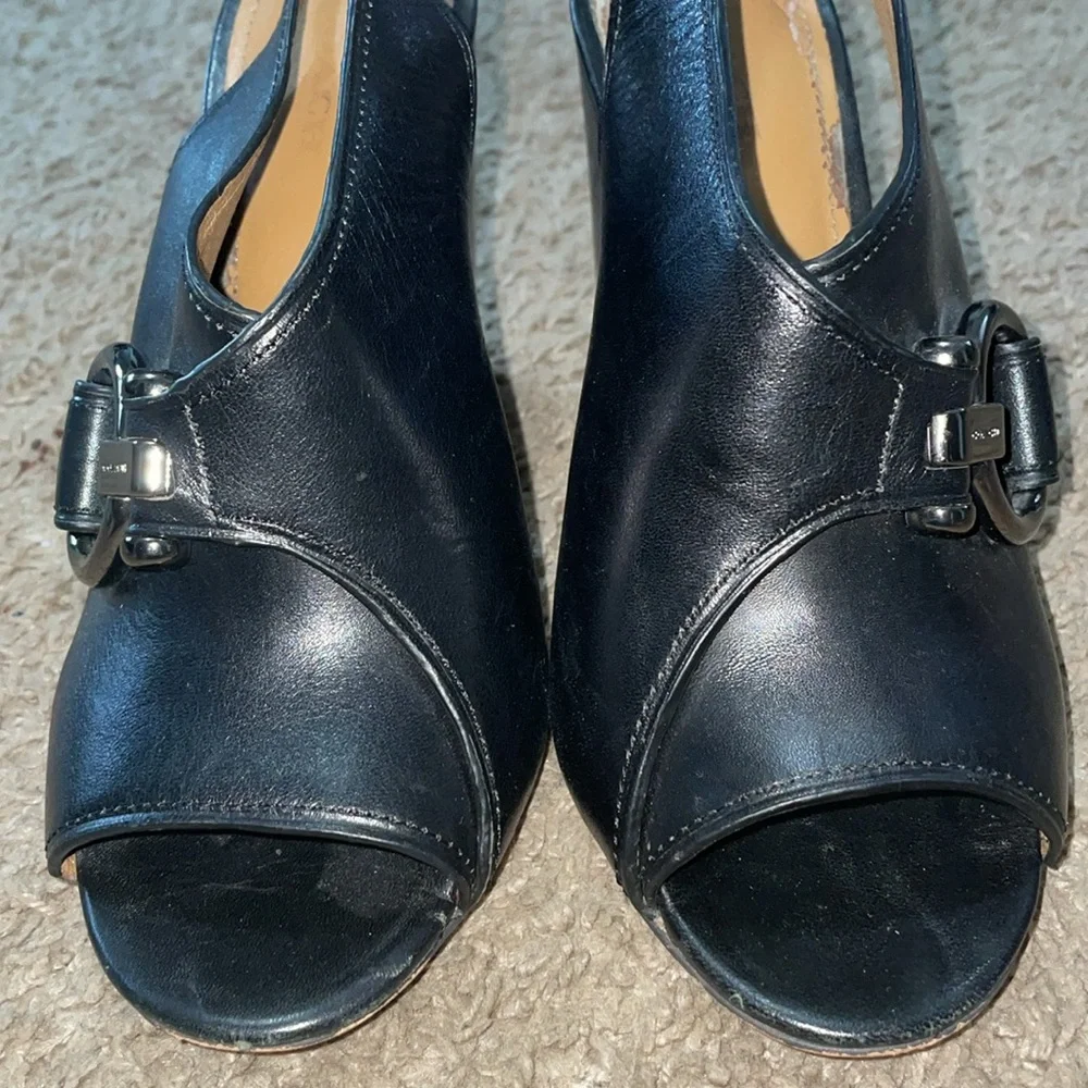 COACH black peep toe buckle Slingback stacked heals - Picture 3 of 9